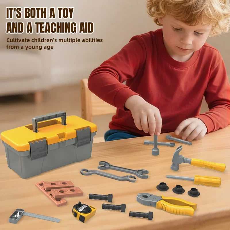 A young boy is using a yellow tool box set for pretend play, showing various tools like hammers and screwdrivers.