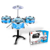 A blue plastic kids jazz drum set with a stand and multiple drums is shown on a white background.