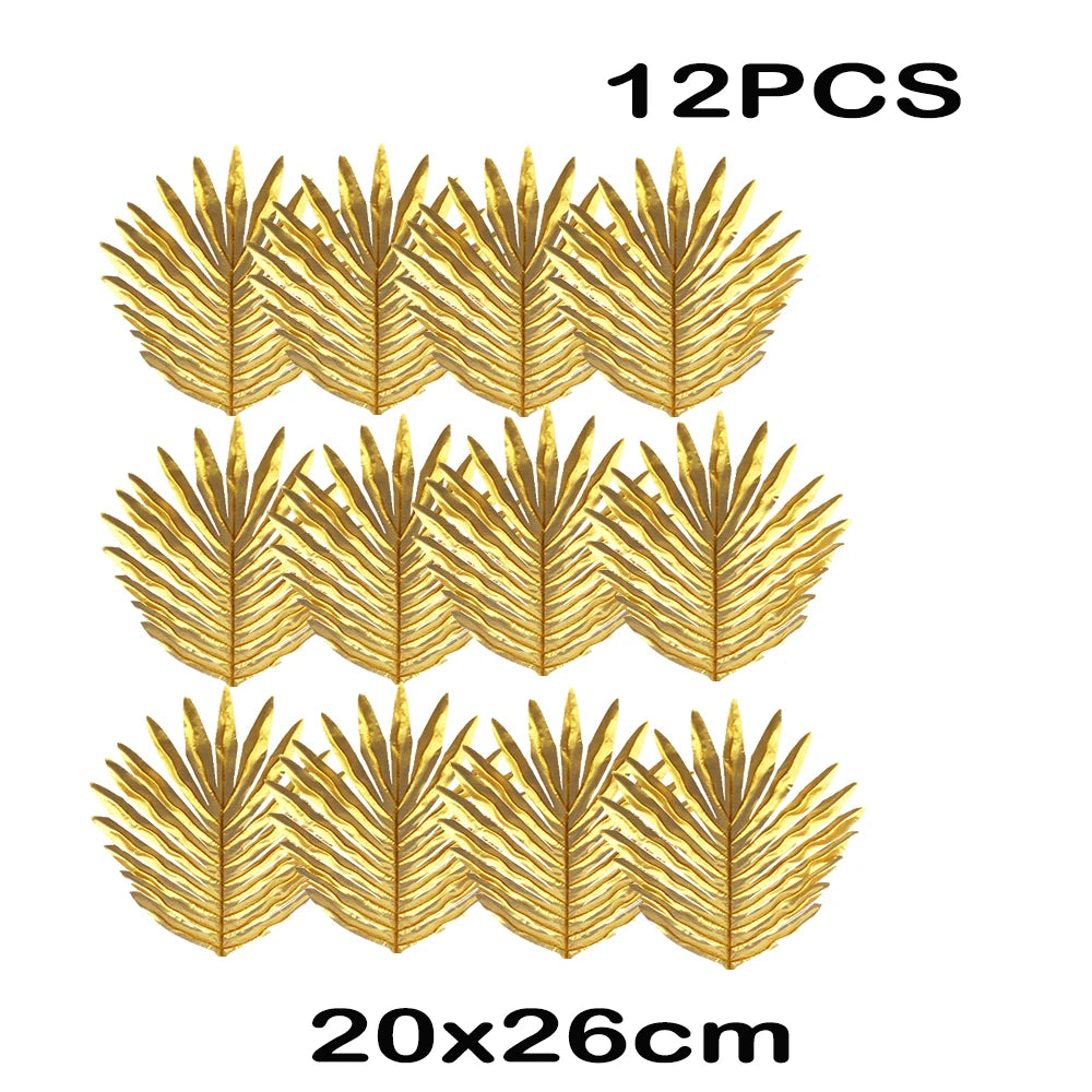 Twelve pieces of golden artificial tropical palm leaves measuring 20x26cm for party decor