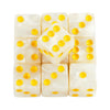 A set of ten white marble acrylic dice, each with yellow dots, arranged in a grid.