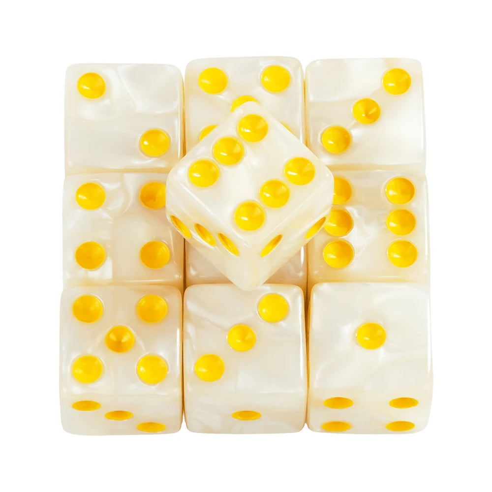 A set of ten white marble acrylic dice, each with yellow dots, arranged in a grid.