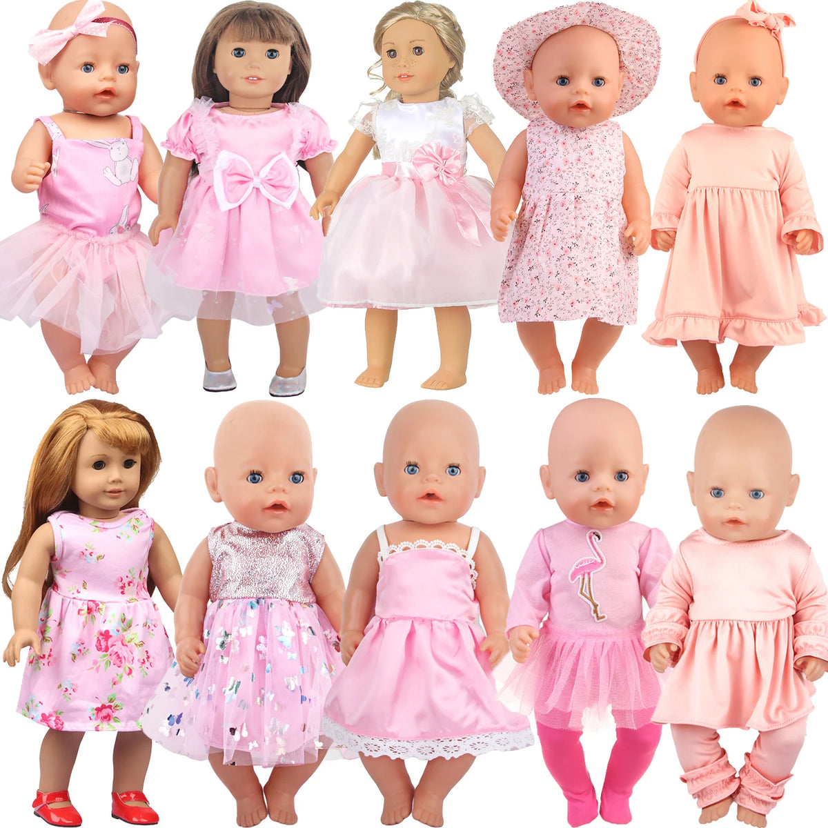 A collection of various dolls wearing pink and floral unicorn skirt outfits.