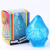 A blue squishy toy shaped like a raindrop is shown in its packaging.