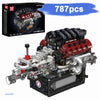 A detailed V8 engine building kit featuring pistons and components, packaged with 787 pieces.