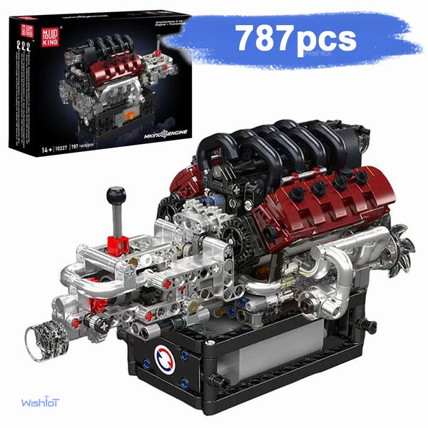 A detailed V8 engine building kit featuring pistons and components, packaged with 787 pieces.