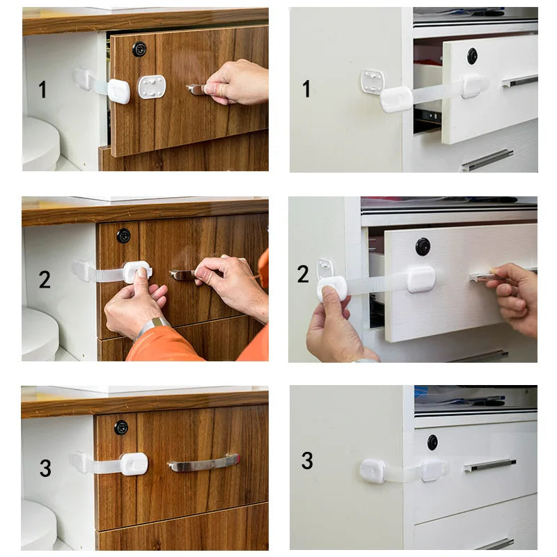 Three images demonstrate adhesive baby safety locks being installed on wooden cabinets and drawers.