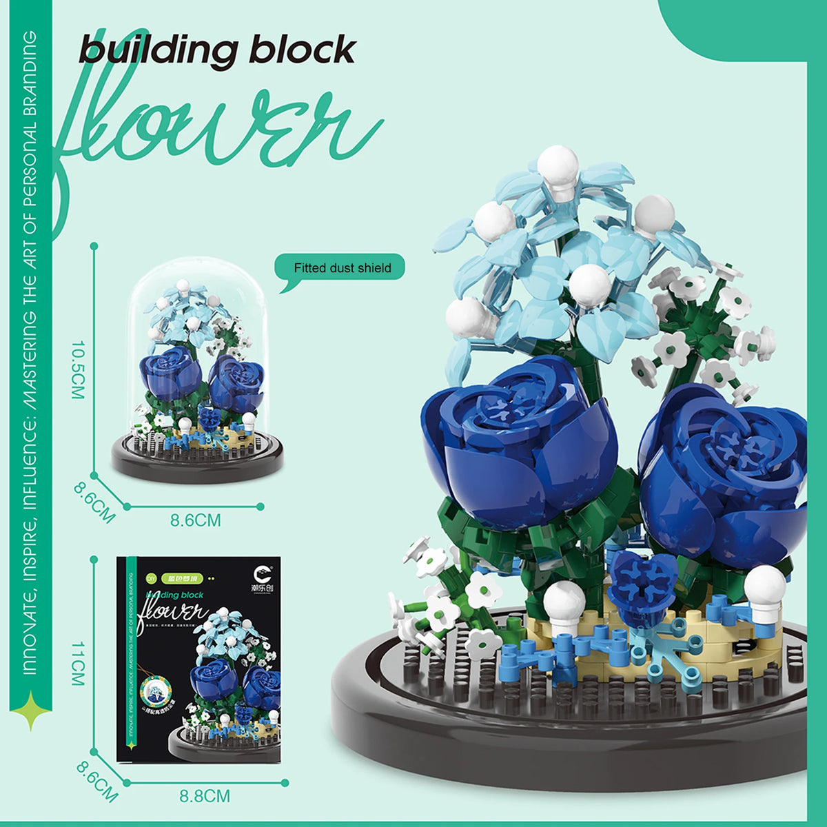 A building block kit of a blue flower arrangement featuring roses and greenery on a circular base.
