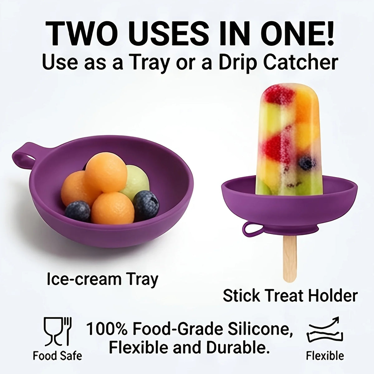 Purple silicone ice cream tray and stick treat holder used for various purposes