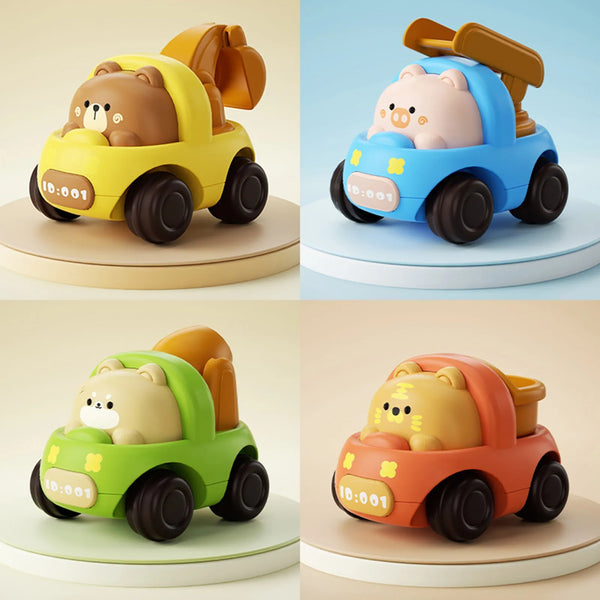 Three colored construction vehicle push cars featuring cute animal figures for toddlers.