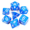 A collection of blue acrylic dice, including a d10 and d20 shapes, scattered on a white surface.