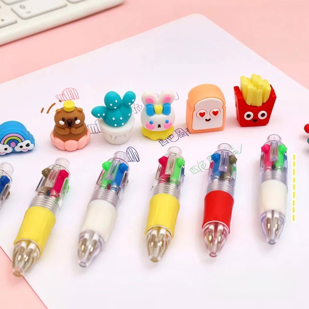 A collection of cute cartoon four-color ballpoint pens featuring various animal and character designs.