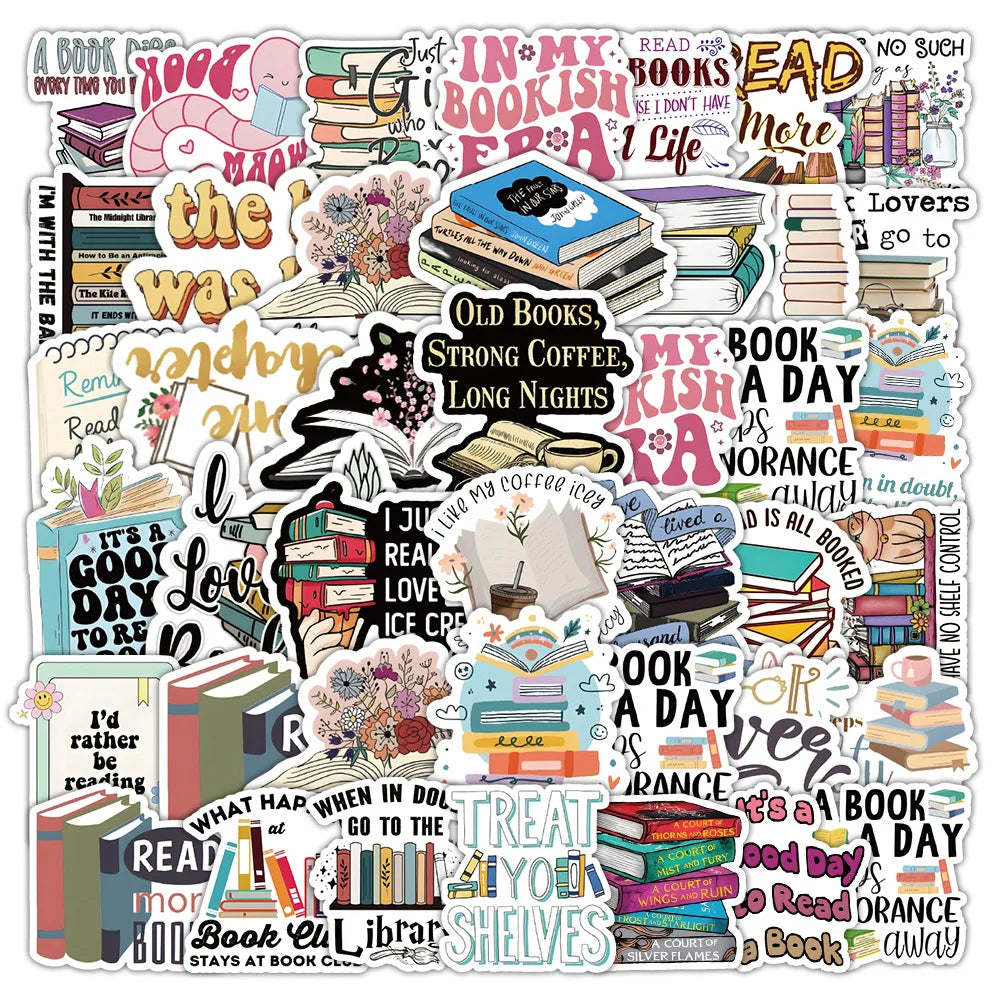A collection of cartoon bookworm reading stickers featuring various book-related phrases and illustrations.