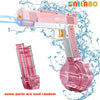 Pink electric battery-powered water gun with a detachable bottle being sprayed in water