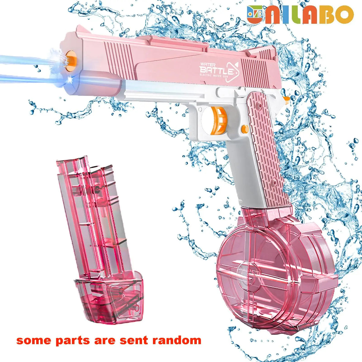 Pink electric battery-powered water gun with a detachable bottle being sprayed in water