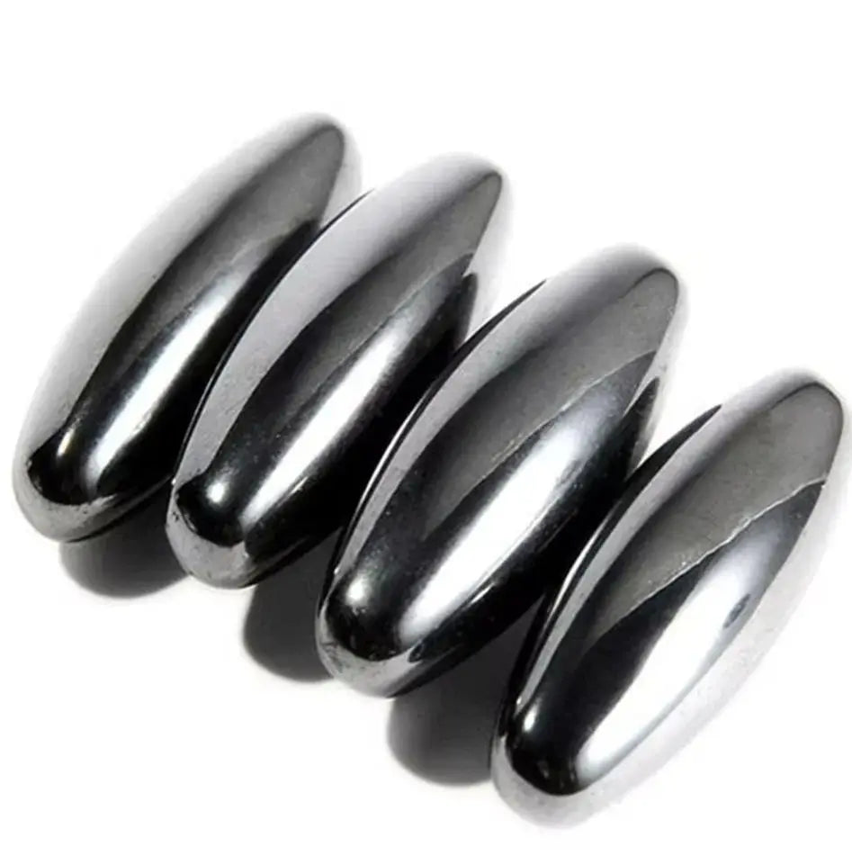 A close-up of a silver magnetic olive snake egg fidget toy with a polished, elongated shape.
