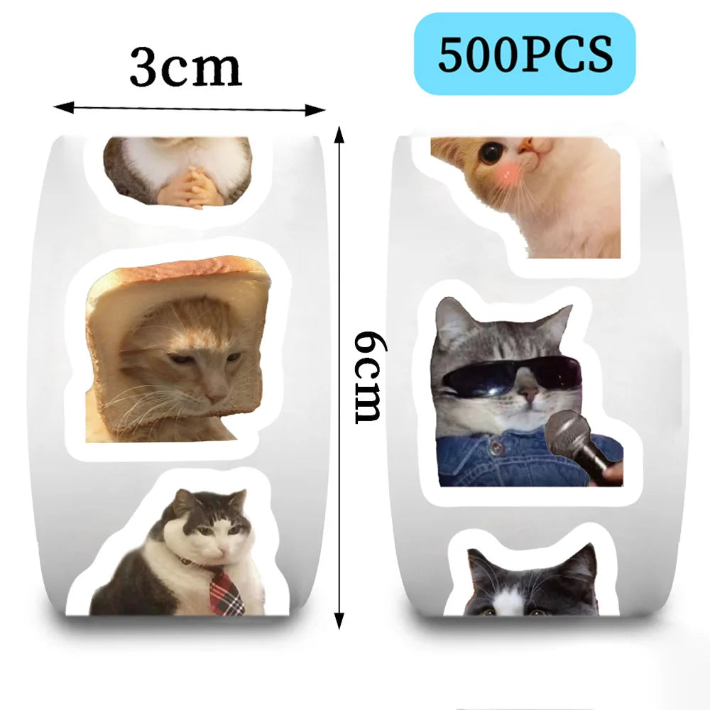 A pack of 500 funny cat meme stickers featuring various cats and animals.