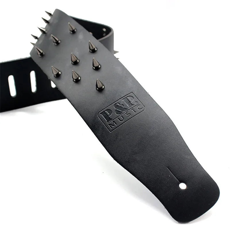 Black PU leather guitar strap with metal studs and P&P Music logo