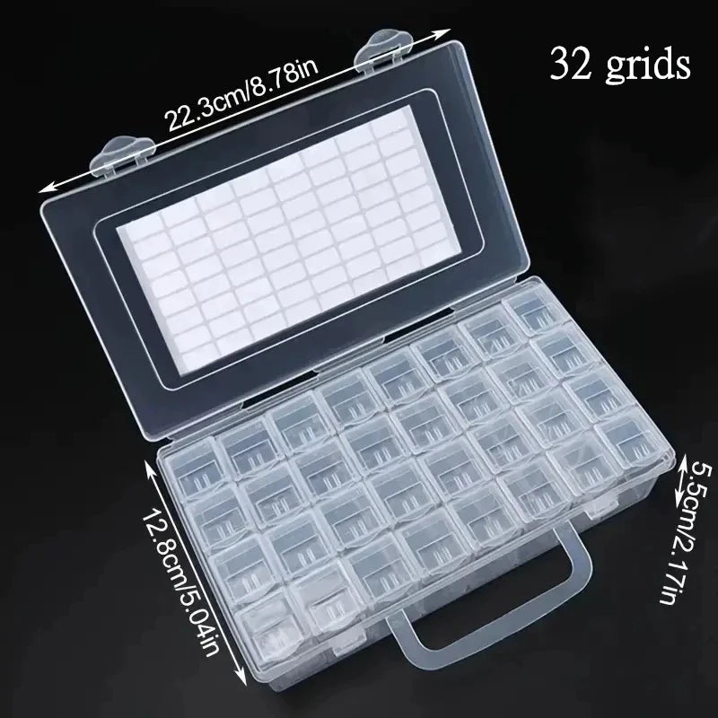 A transparent storage box with a lid and multiple compartments for organizing crafts, beads, or jewelry.