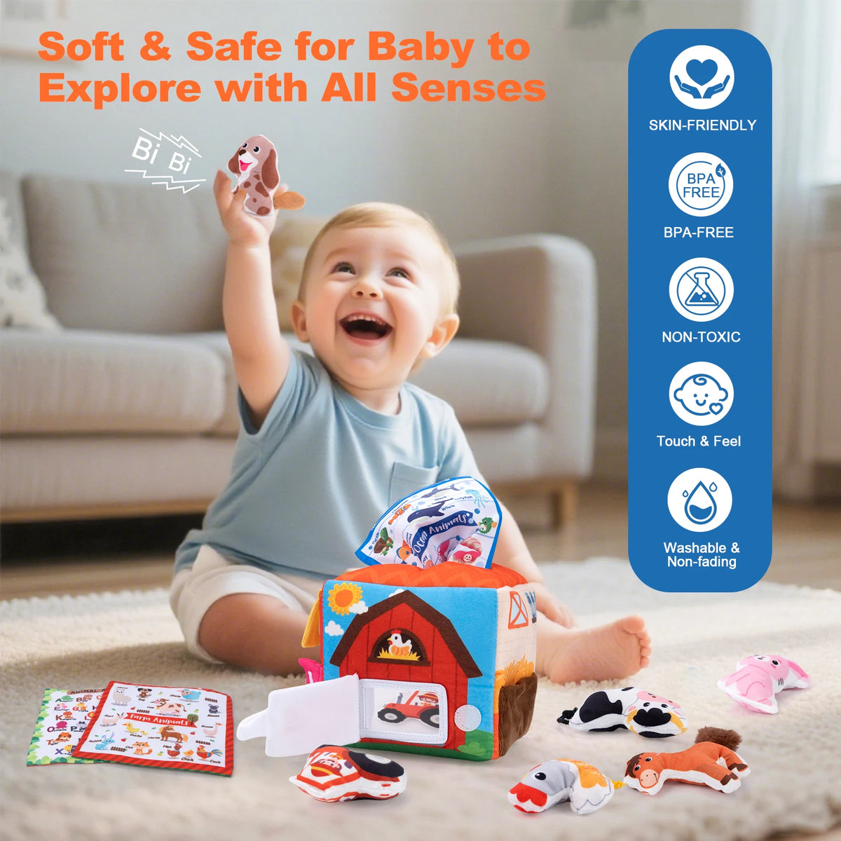 A baby is exploring a soft plush farm animal set with various toys on the floor.