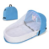 A light blue portable foldable baby bed with a mosquito net and white mattress shown in an open view.