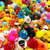 A colorful assortment of rubber ducks in various bright colors and designs for bath time fun