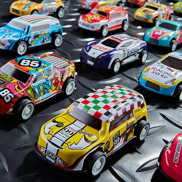 A collection of colorful diecast pull-back cars in various racing colors and designs displayed on a dark surface.