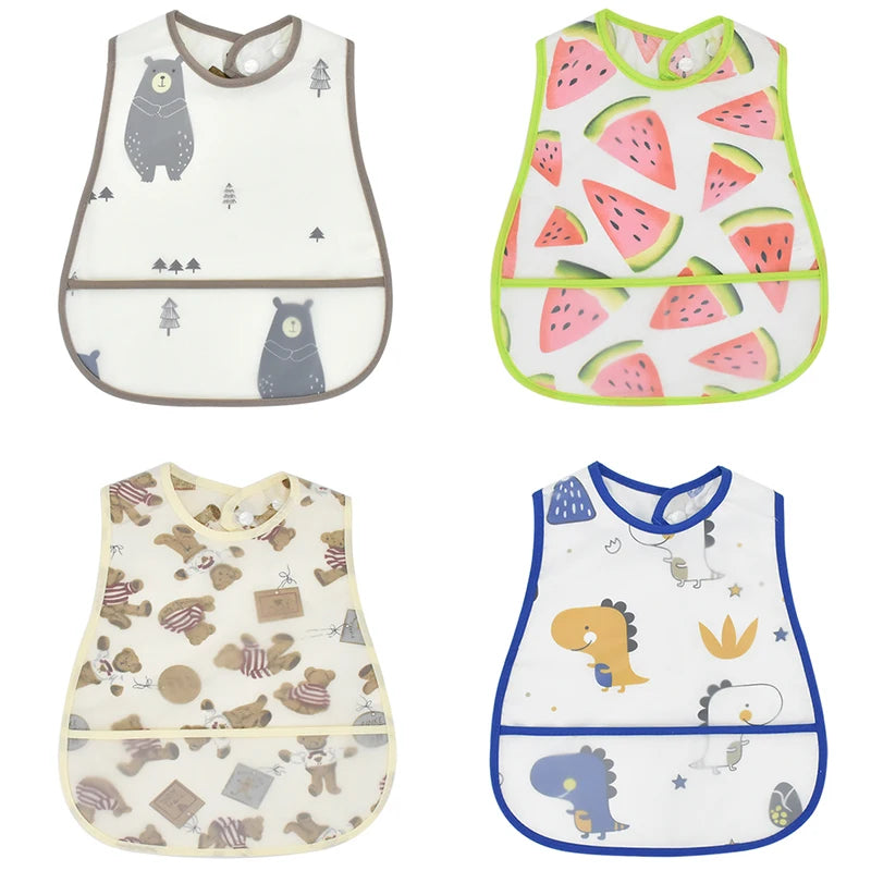 A set of cartoon pattern waterproof baby bibs for toddlers in various colors and designs.