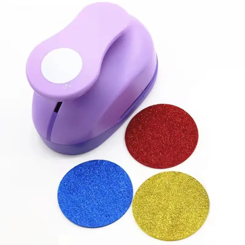 A purple multi-size paper hole punch tool with various colored confetti discs on a white background.