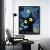 A framed painting of a black cat looking up against a dark, starry night sky.