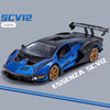 A blue Lamborghini Essenza SCV12 diecast model car in 1/24 scale with a black spoiler and gold wheels.