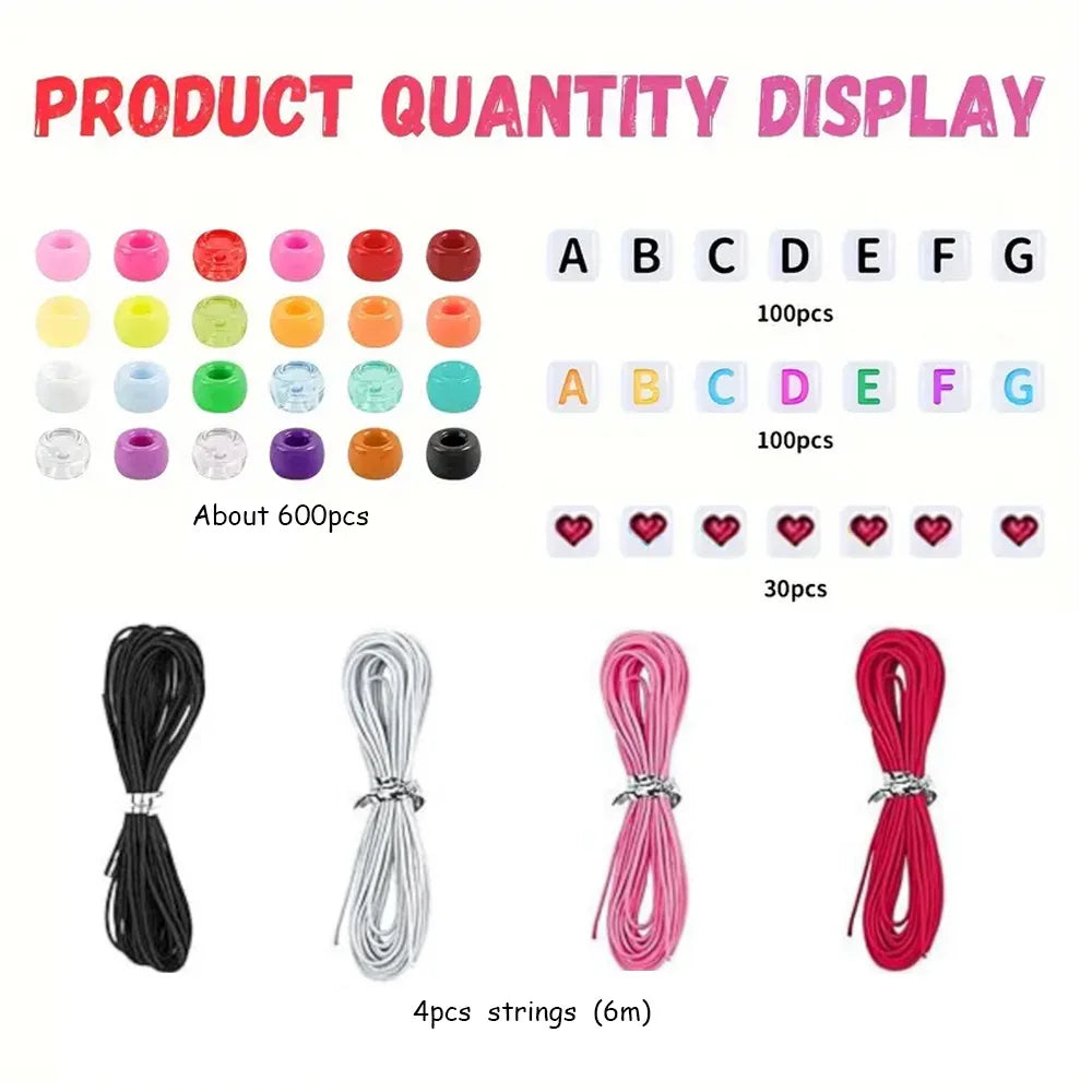 A display of letter and pony beads in various colors and quantities for a DIY bracelet making kit.