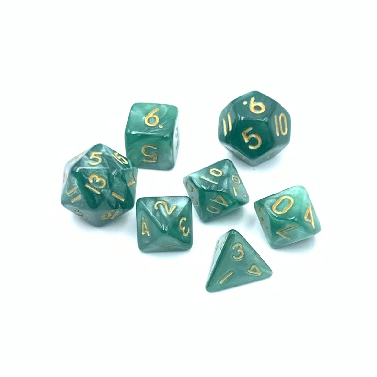 A set of seven small, green polyhedral dice showing numbers 5, 6, 10, 13, and 4.