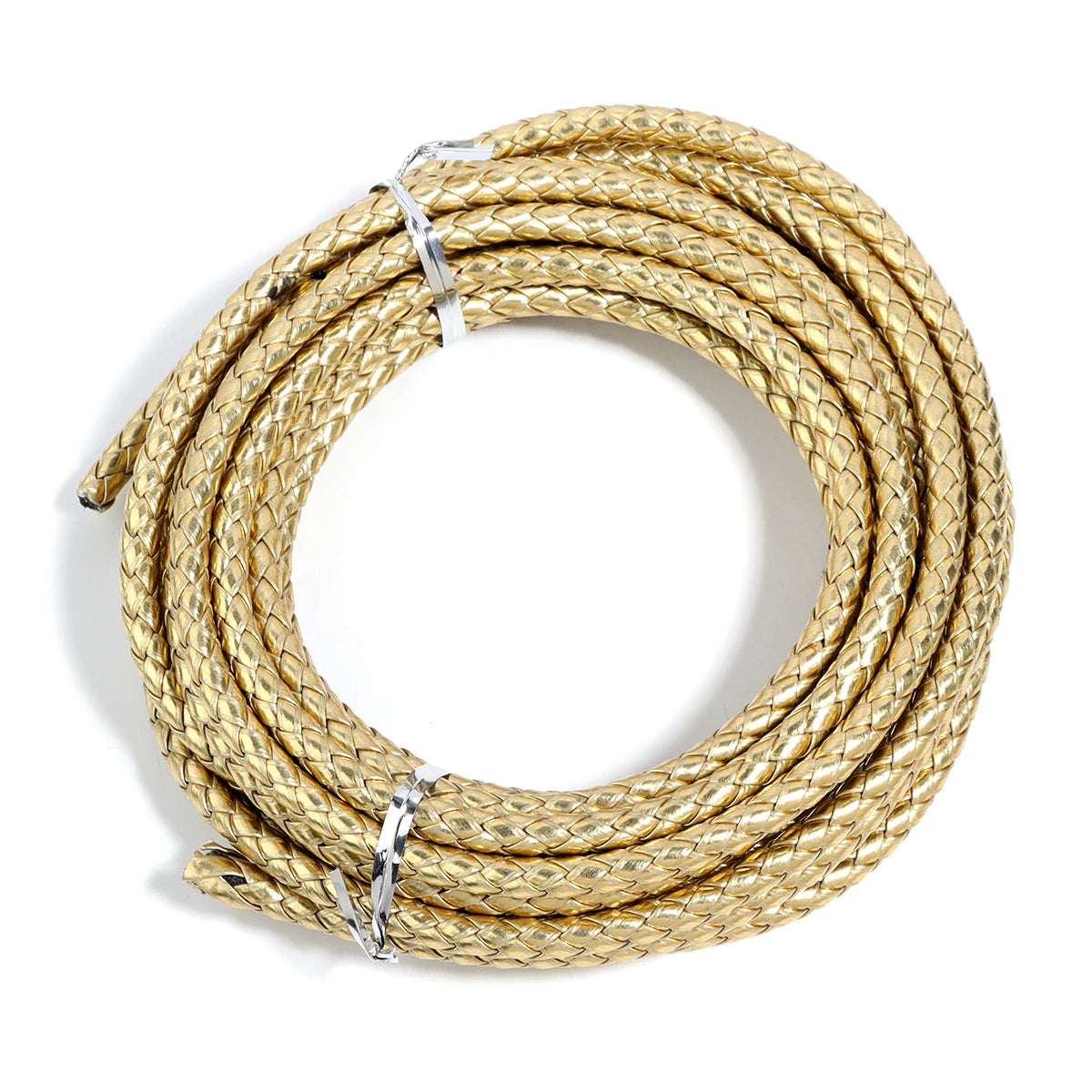 A coil of round braided gold-colored leather cord used for jewelry making and DIY crafts.