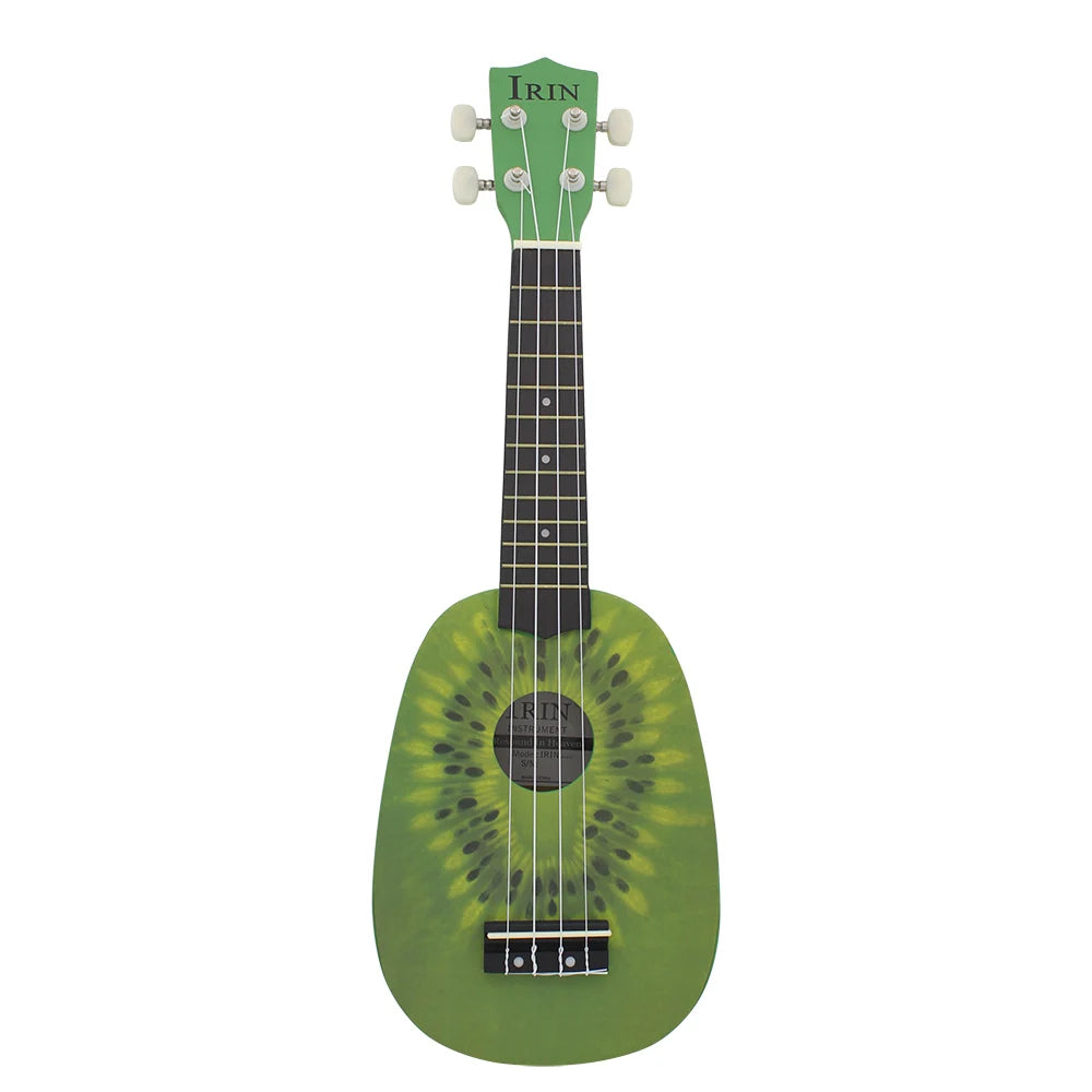 A green ukulele with a light wood neck and tuning pegs, featuring a patterned soundboard.