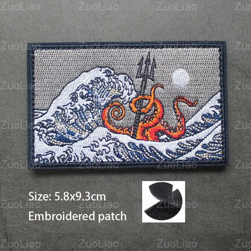 3D Embroidered Surfing Wave Patch with Octopus Design