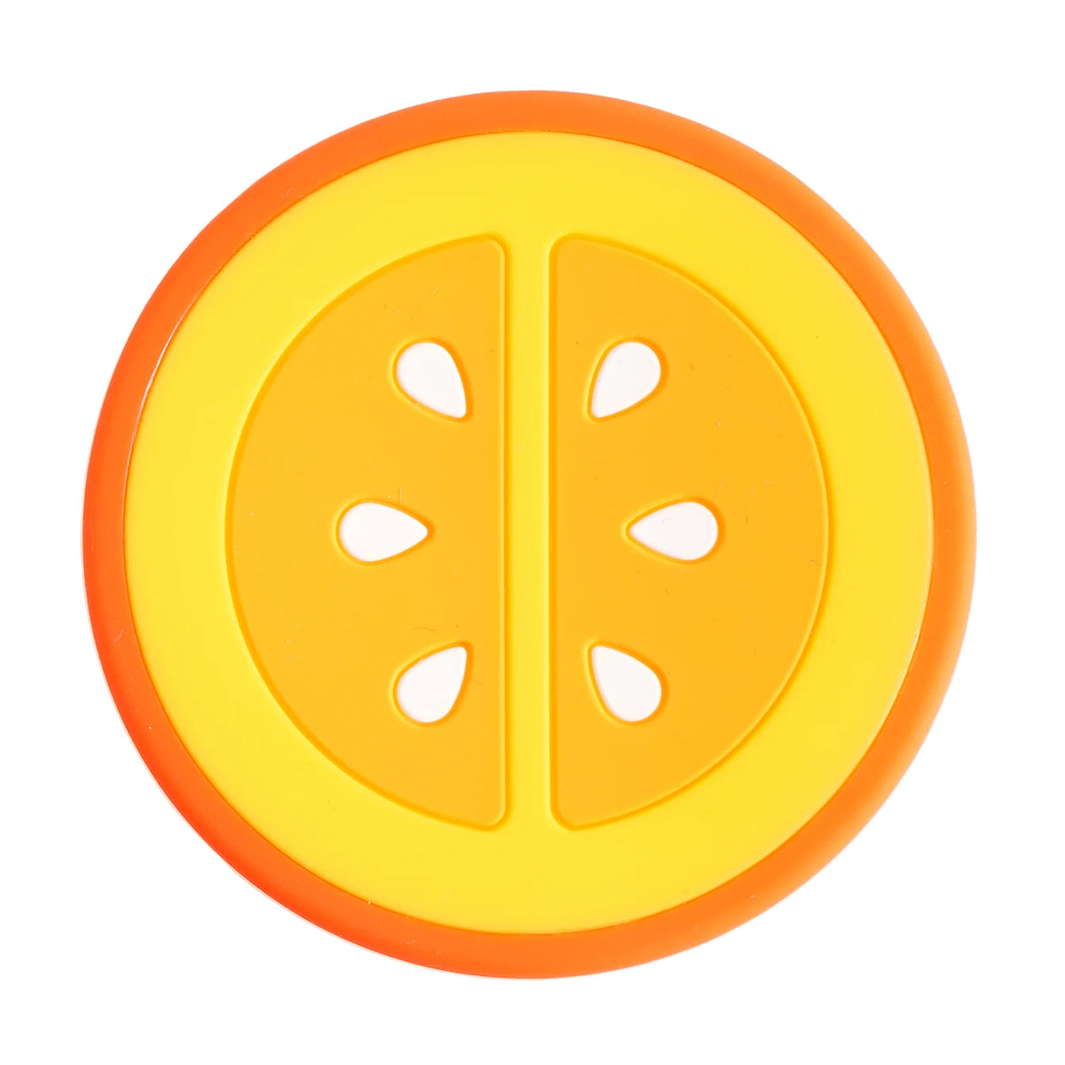 An orange silicone baby teether set shaped like a sliced citrus fruit.
