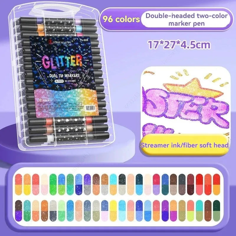 A set of 96 colored dual-headed marker pens with metallic glitter finish displayed in a clear plastic case.