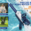 A blue electric battery-powered water gun is shown ready for use in a swimming pool, demonstrating precise release and strong