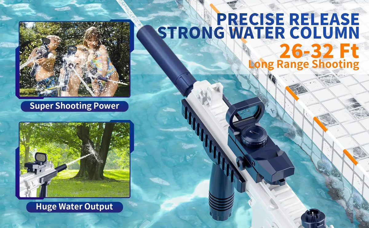 A blue electric battery-powered water gun is shown ready for use in a swimming pool, demonstrating precise release and strong