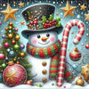 A festive diamond painting kit featuring a snowman surrounded by a Christmas tree and holiday decorations.