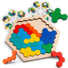 A wooden tangram puzzle set featuring colorful geometric shapes arranged on a light wood board.