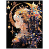 A delicate illustration of a girl with white hair adorned by a crescent moon and sparkling gold elements.