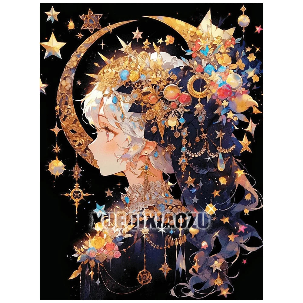 A delicate illustration of a girl with white hair adorned by a crescent moon and sparkling gold elements.