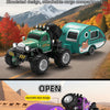 A green RC off-road truck carrying a teal cargo compartment and a purple open door design.
