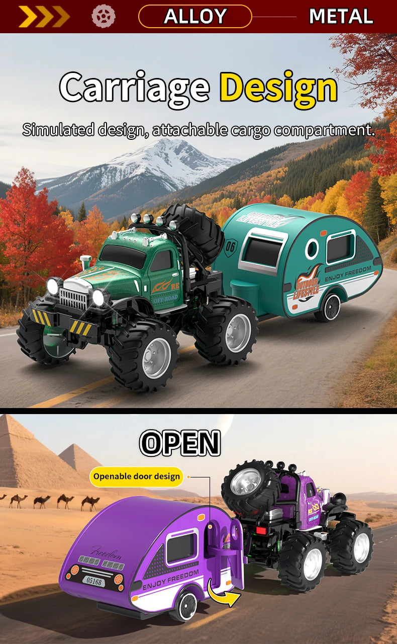 A green RC off-road truck carrying a teal cargo compartment and a purple open door design.