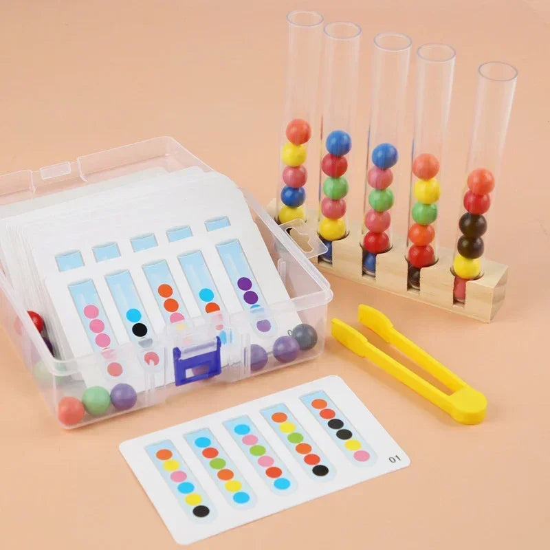 A set of wooden clip beads in various colors is displayed alongside a test tube toy and a color sorting mat.