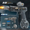 A close-up view of a black electric water blaster gun with a clear tank and a dark gray grip, showing various accessories.