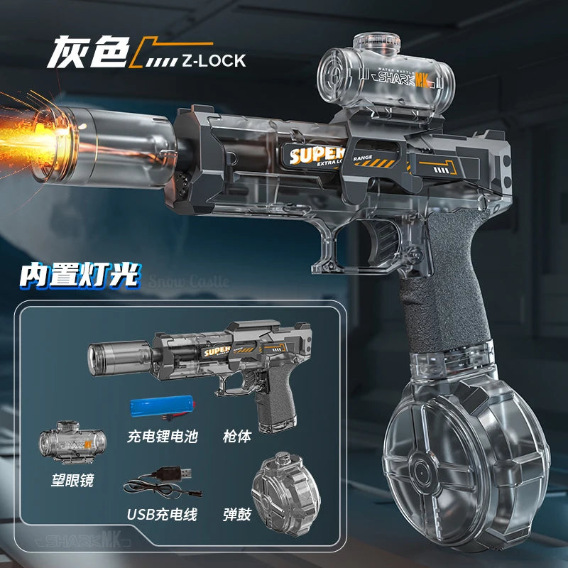 A close-up view of a black electric water blaster gun with a clear tank and a dark gray grip, showing various accessories.
