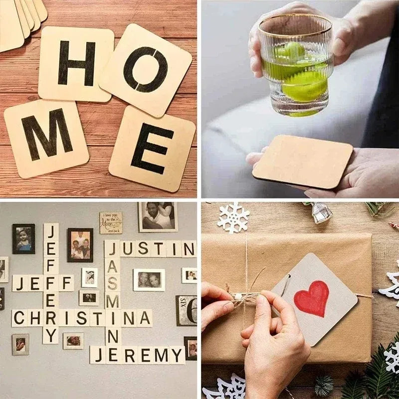 A collection of blank wood squares with letters like HOME and JUSTIN used for DIY crafts and engraving