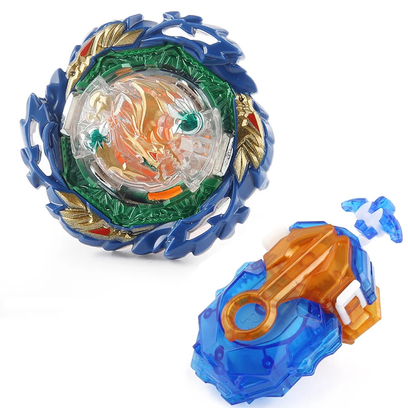 A blue metal spinning top battle set featuring a green and gold wreath surrounding a clear spinning top and an orange launche
